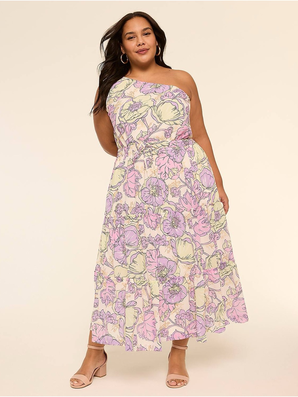 Lane Bryant One-Shoulder Floral Maxi Dress in Pink and Cream